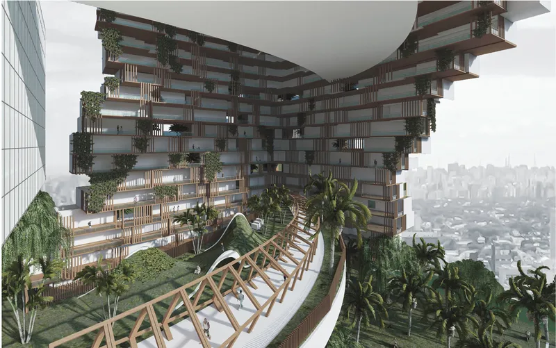 Rendering of a terraced residential tower with planted balconies and timber louvers above a curved trellis walkway