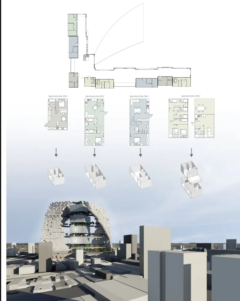 Composite drawing with site plan, apartment floor plans, axonometric views, and neighborhood rendering below