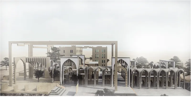 Aerial view of a complex with repeating arched concrete structures and frame pergolas in hazy daylight