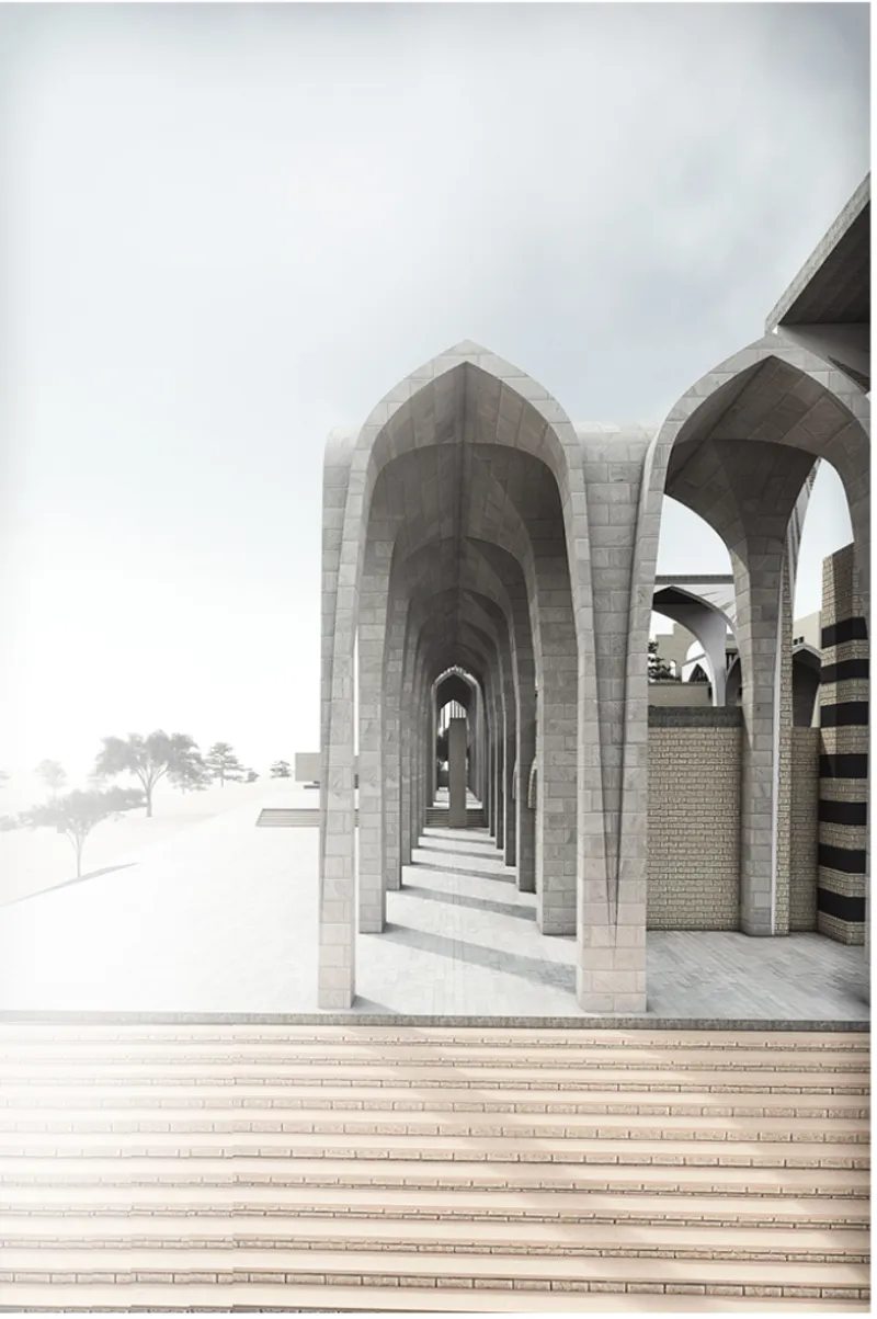 Colonnade of pointed concrete arches creating a receding covered walkway above wide tiled steps