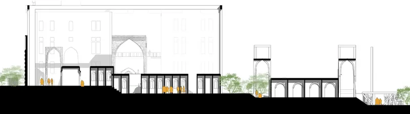 Elevation drawing showing multiple building volumes with arched elements and scattered tree silhouettes