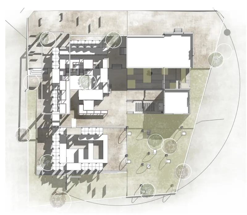 Rendered site plan showing clustered building footprints with courtyards and surrounding landscape