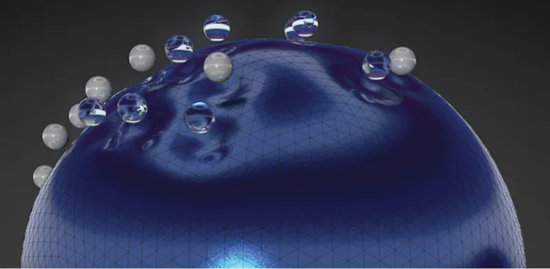 Close-up of the gridded blue capsule surface with transparent and opaque spherical protrusions on top