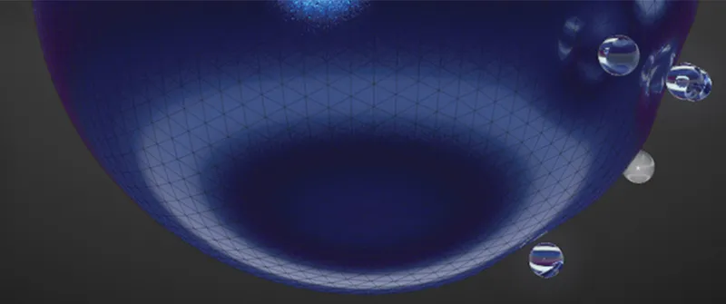 Detail view of the curved blue membrane with an illuminated underside and floating sphere elements