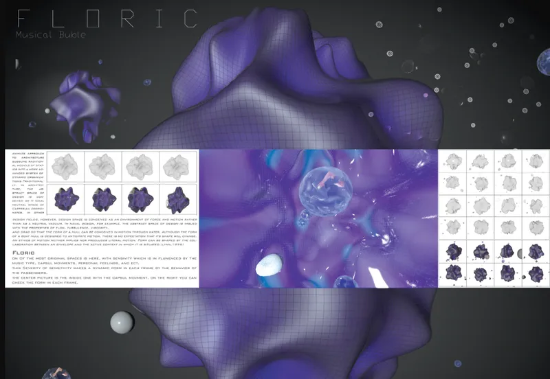Presentation board showing purple bubble-like capsule renderings with interior views and design development diagrams