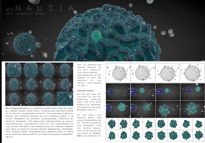 Presentation board displaying the turquoise porous bubble structure with plan diagrams and rendering sequences below