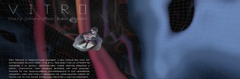 Digital rendering of a gridded bubble form with a figure inside against colorful radiating lines