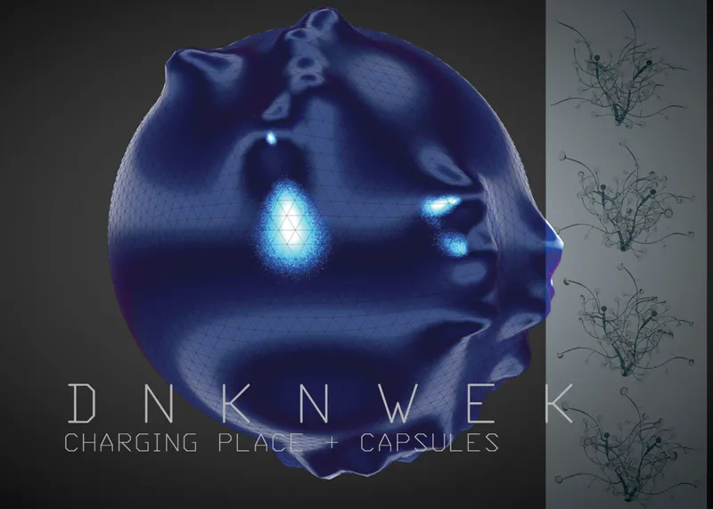 Rendering of a blue bulbous capsule form with illuminated openings and sketch iterations beside it