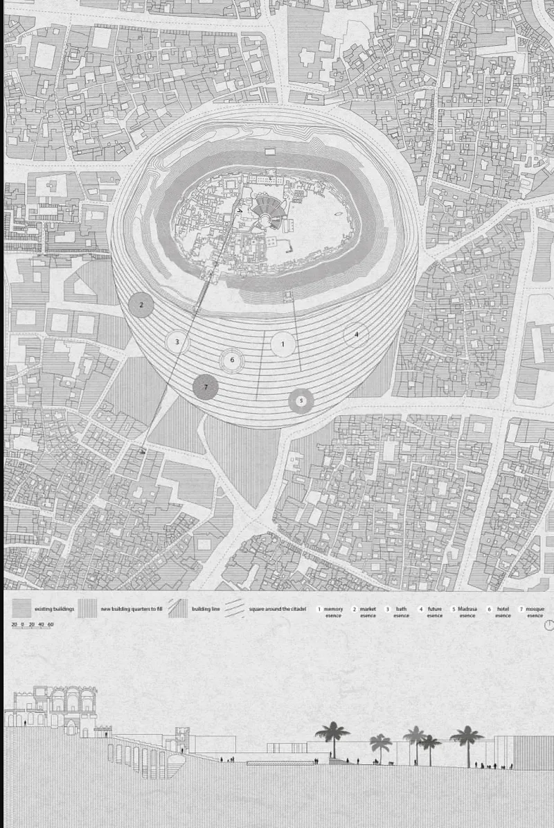 Site plan and section drawing showing a circular terraced volume surrounded by urban fabric and palm trees