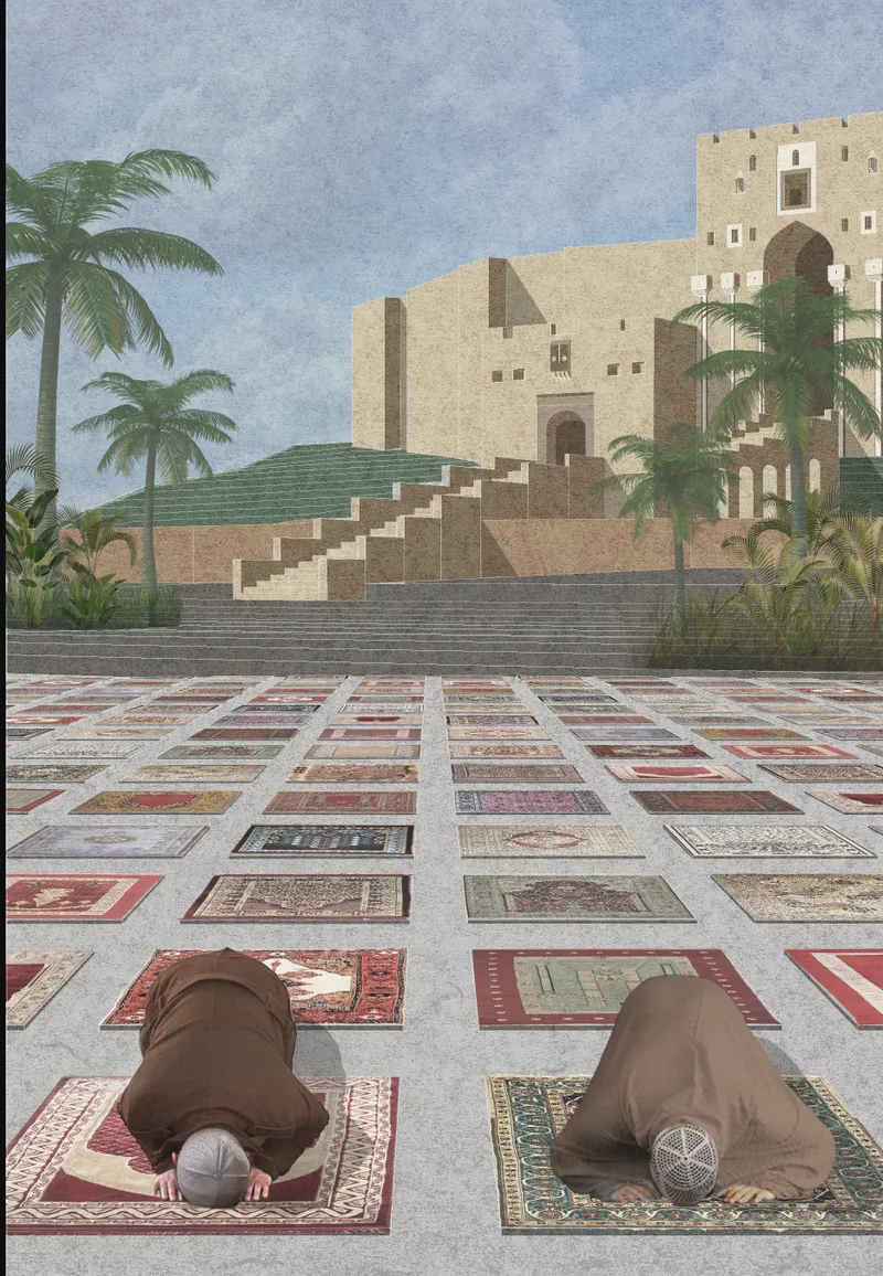 Rendered view of two figures praying on patterned rugs before a fortified stone complex with palm trees