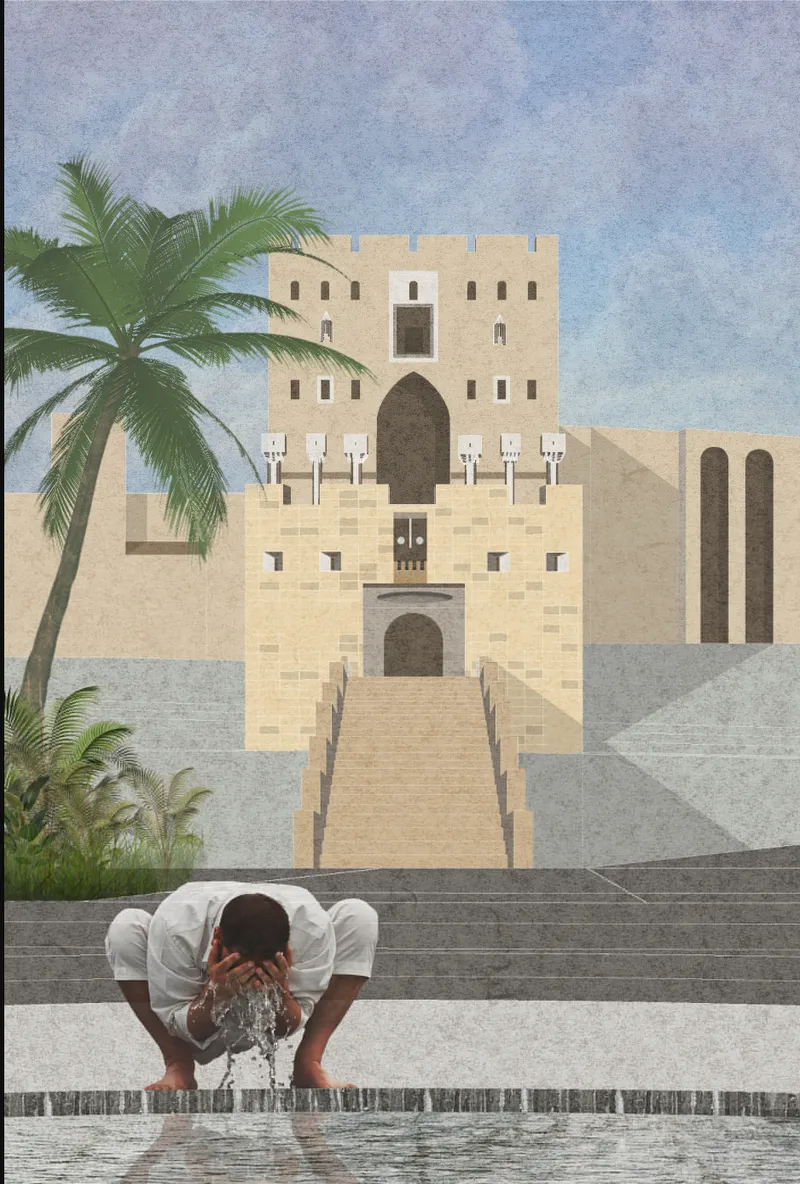 Figure performing ablutions at a reflecting pool facing a stepped sandstone facade under palm trees