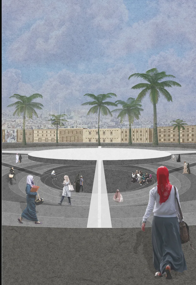 Rendered plaza view with pedestrians walking along a white pathway toward a circular sunken courtyard and palms