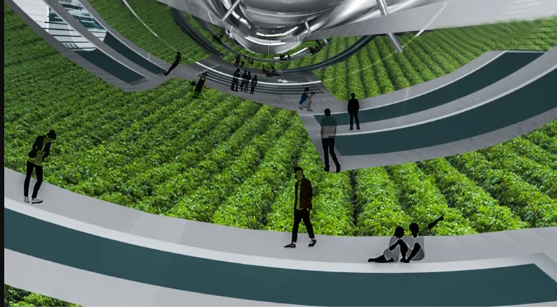 Aerial view of spiraling walkways weaving through rows of planted crops with visitors walking below