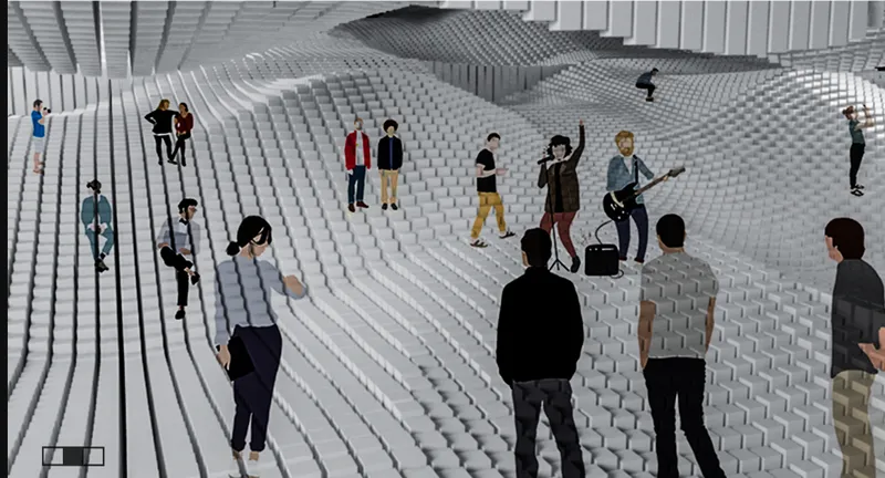 Rendering of an undulating white tiled plaza with visitors standing and gathering in groups