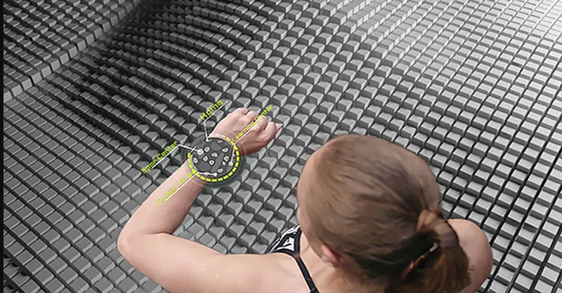 Overhead view of a person measuring the undulating tiled surface with a tape measure