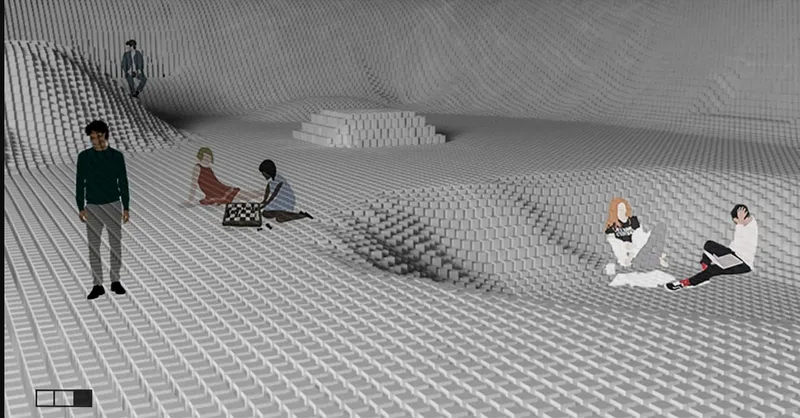 Rendering of the white modular tile surface with seated and standing visitors across the undulations