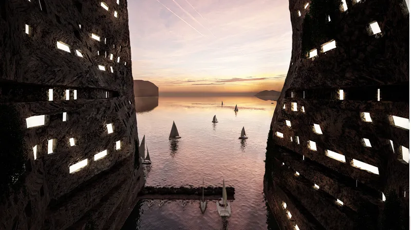 View through two perforated stone towers framing sailboats on calm water at sunset