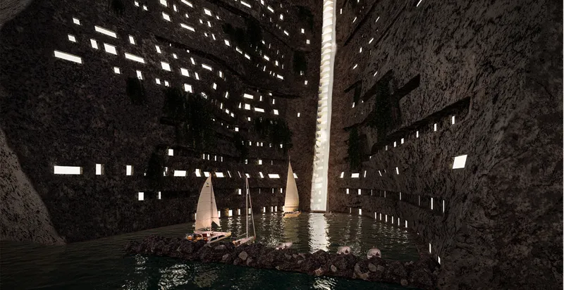 Interior view of the water passage with a sailboat navigating past illuminated perforated walls and rocky outcrops