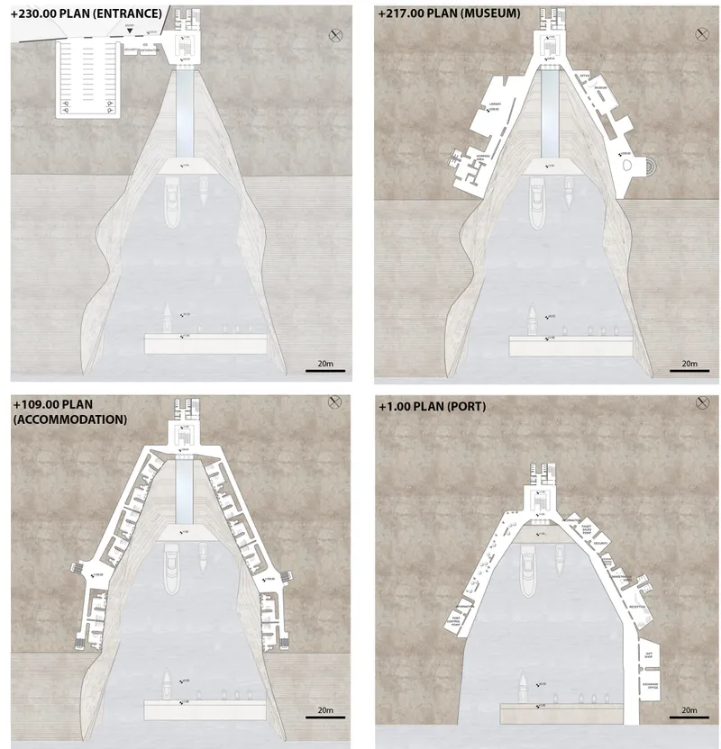 Four floor plans showing the progression of program levels from entrance through museum, accommodation, and port zones