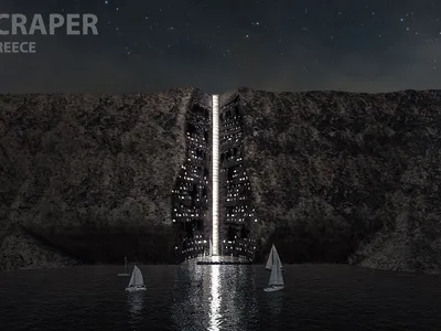 Cliffscraper: A Skyscraper Carved from Santorini's Volcanic Cliffs