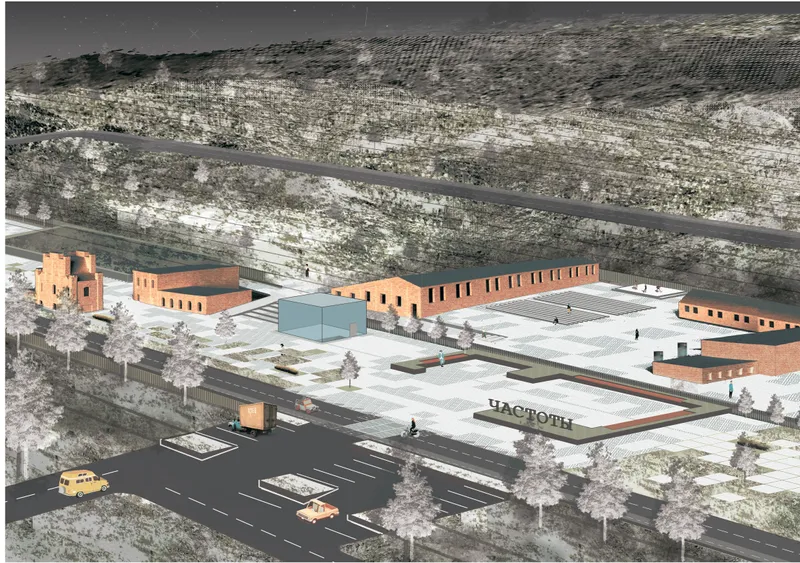 Axonometric rendering showing brick buildings arranged around a central plaza with parking and hillside beyond