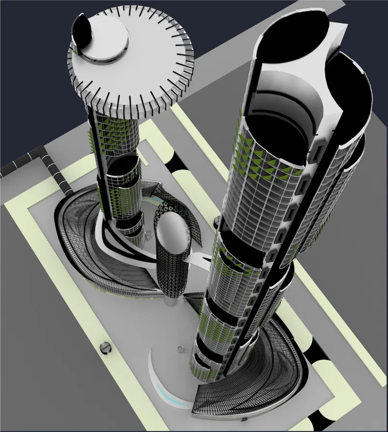 Axonometric drawing showing two cylindrical towers with gridded facades and spiraling disc-shaped roofs