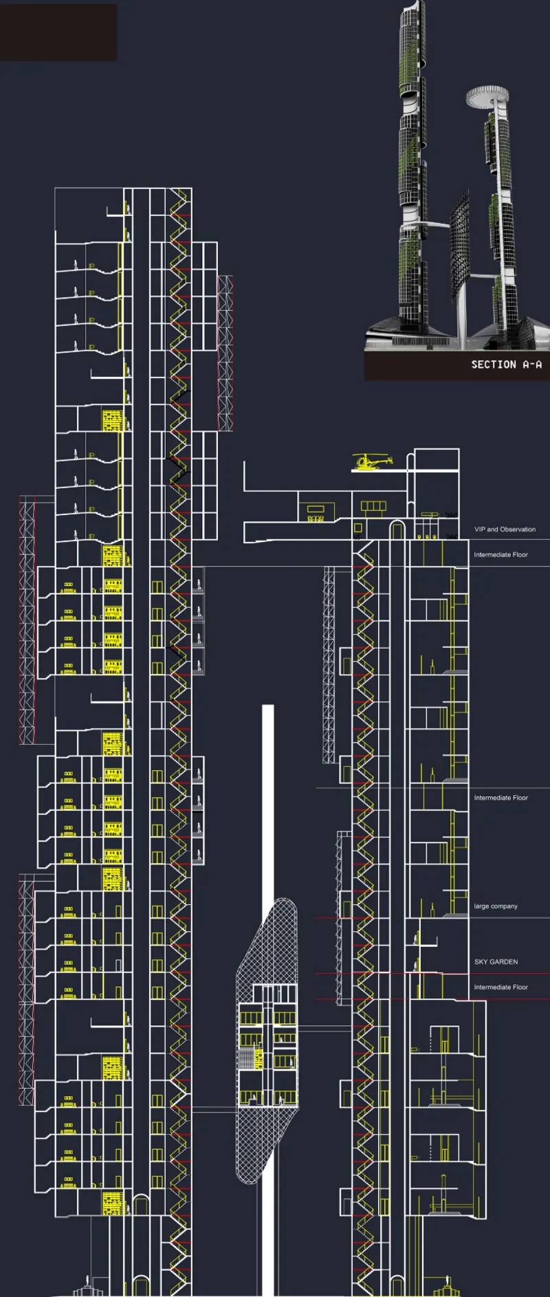 Section drawings showing vertical circulation and floor layouts within the two towers with yellow highlighted spaces