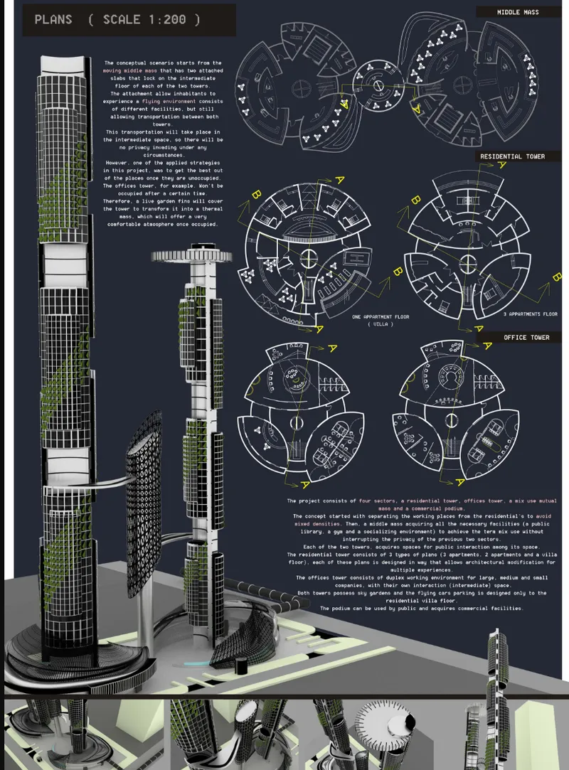 Plan drawings at multiple levels displaying circular residential and office tower layouts with radial room divisions