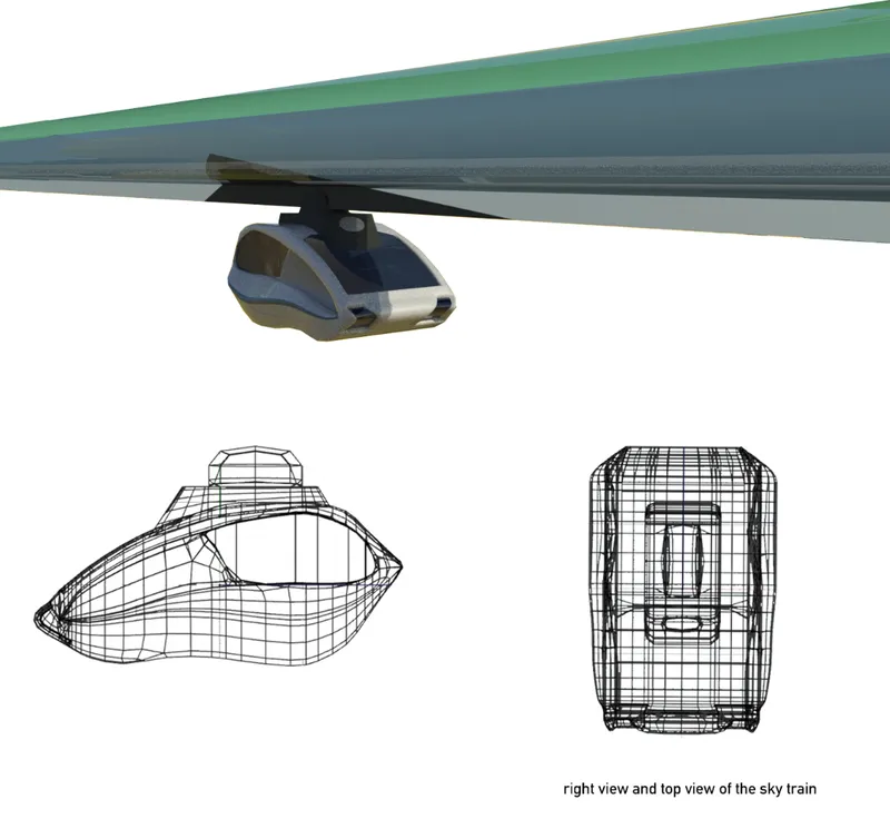 Wireframe drawings and rendered view of a suspended transport pod beneath a rail beam