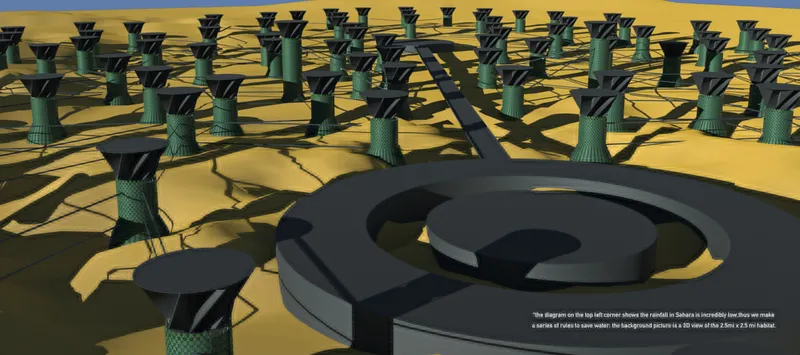 Wide view of patterned green towers and a spiraling ramp structure across sandy terrain