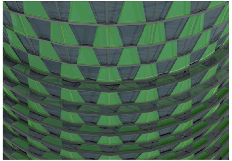 Close-up of alternating green and grey panels forming a curved lattice structure