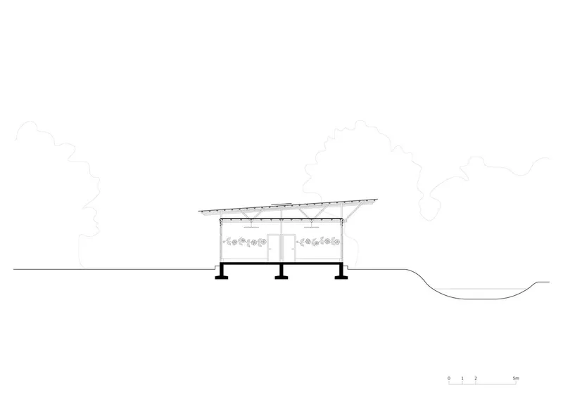 Elevation drawing showing a pavilion with sloped roof and columns set among trees on sloping terrain