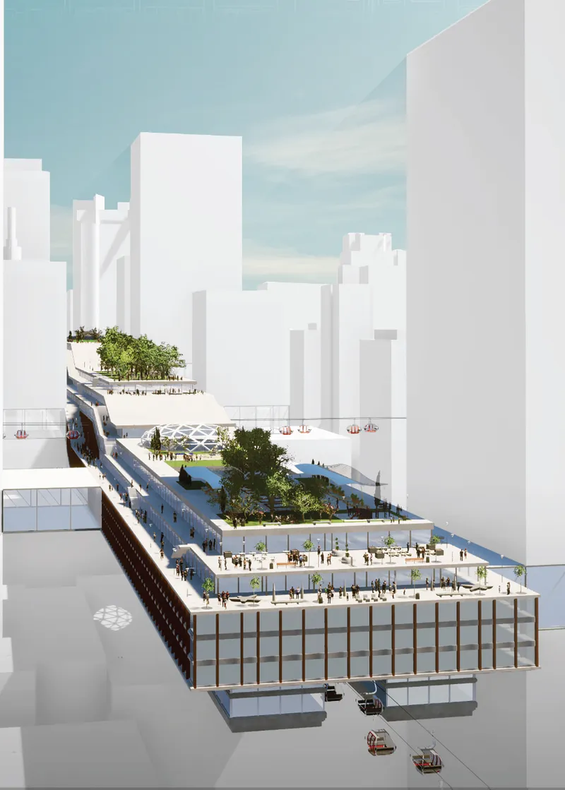 Rendering of a terraced waterfront pier with planted green spaces and red cable cars overhead