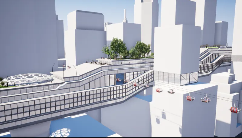 Close view of the gridded facade curving along the rooftop terraces planted with trees