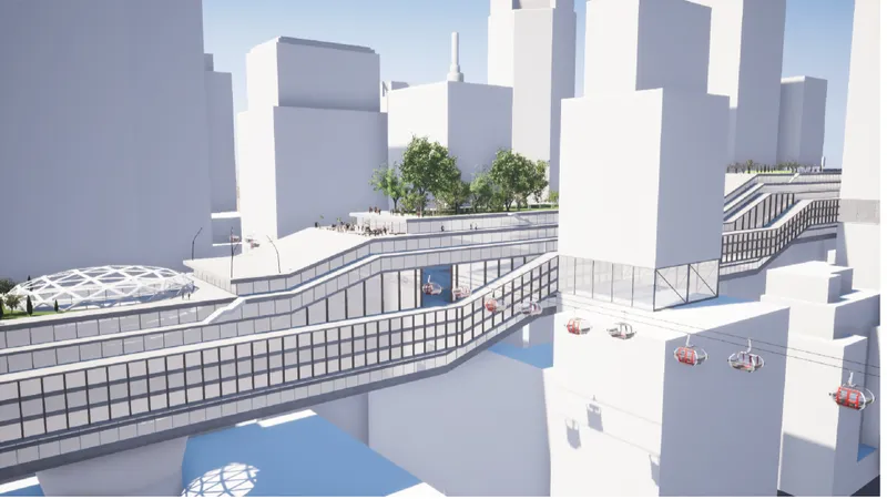 Angled view of the multi-level structure with glazed facade bridging between white tower blocks