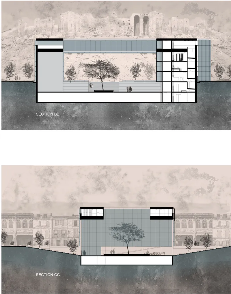 Three section drawings showing the building volumes framing courtyard trees and open spaces
