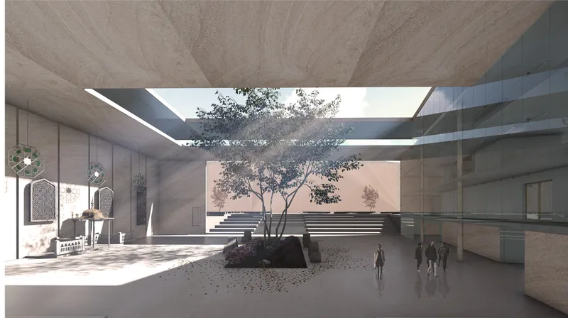 Interior courtyard with a central tree beneath a large concrete roof opening and figures in dappled sunlight