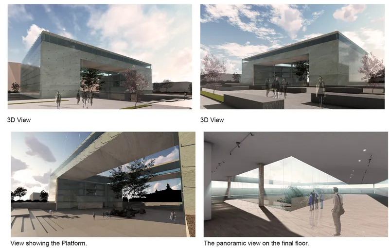 Four rendered perspective views showing the glass and concrete volumes with people under cloudy skies