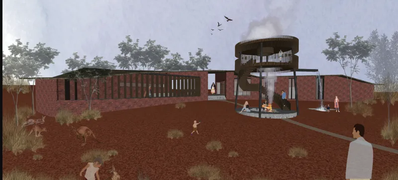 Rendering of red brick complex with cylindrical tower and figures scattered across ochre earthwork landscape