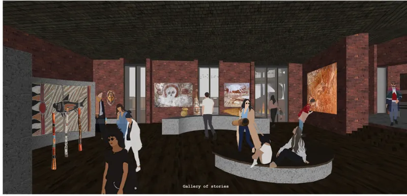 Interior rendering of gallery space with red brick partitions, dark timber ceiling, and visitors viewing wall-mounted artworks