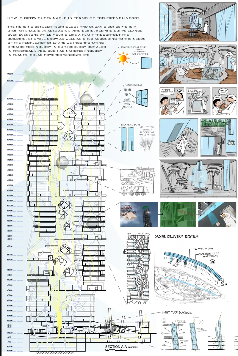 Section drawing with annotations detailing sustainable building systems and drone delivery infrastructure across multiple floors
