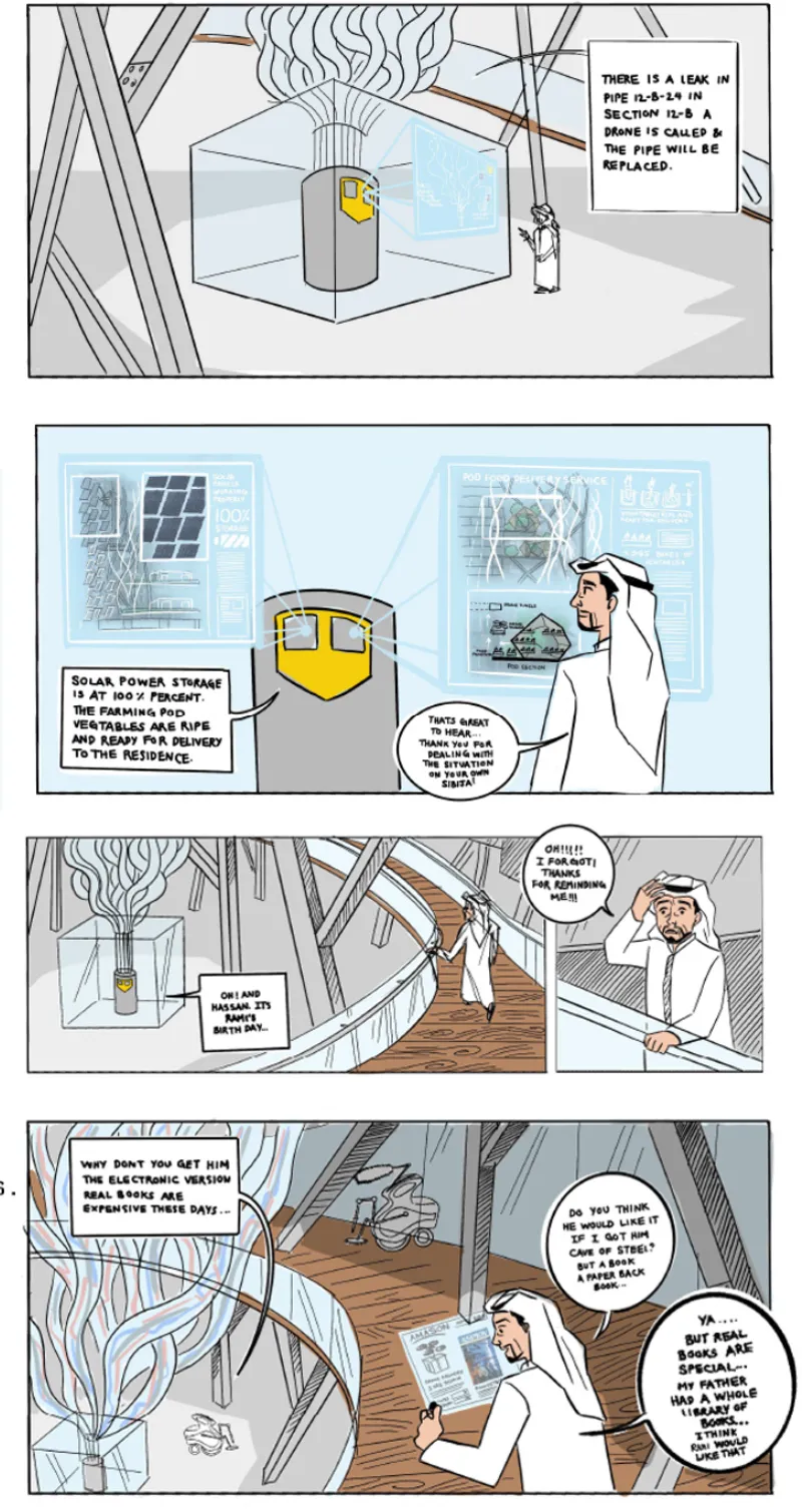 Comic strip panels depicting interior residential spaces with exposed branching structural elements and planted areas