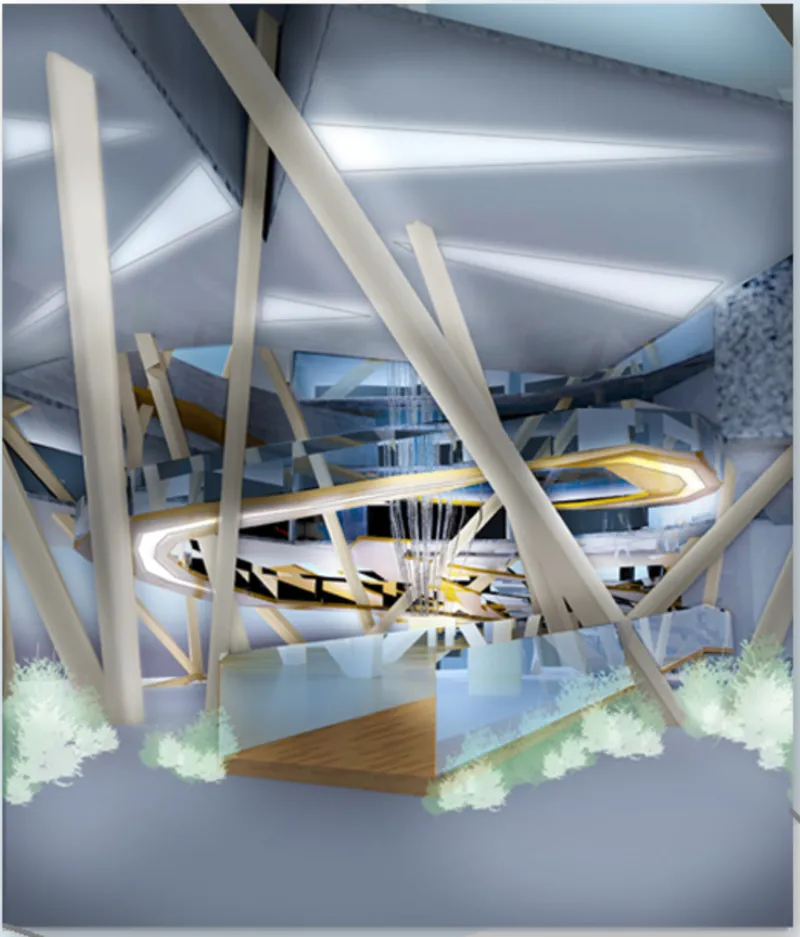 Interior rendering of circular ramps wrapped by angled white structural columns beneath a grey ceiling