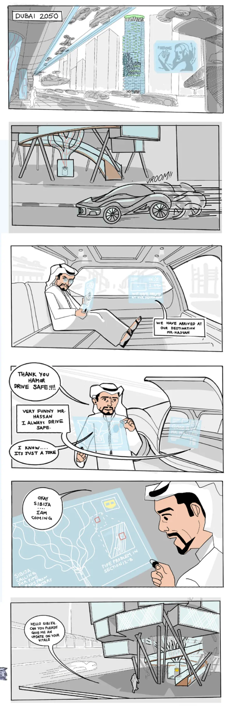Illustrated storyboard showing a sequence of futuristic interior spaces with autonomous vehicles and inhabitants