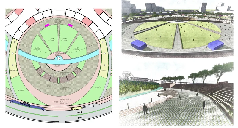 Plan drawing and perspective renderings showing the circular plaza layout with green spaces, pathways, and waterfront amphitheater steps