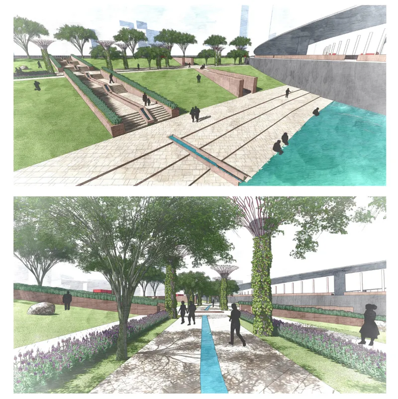 Perspective renderings of terraced lawns, water channels, planted beds with trees, and visitors walking along stepped pathways