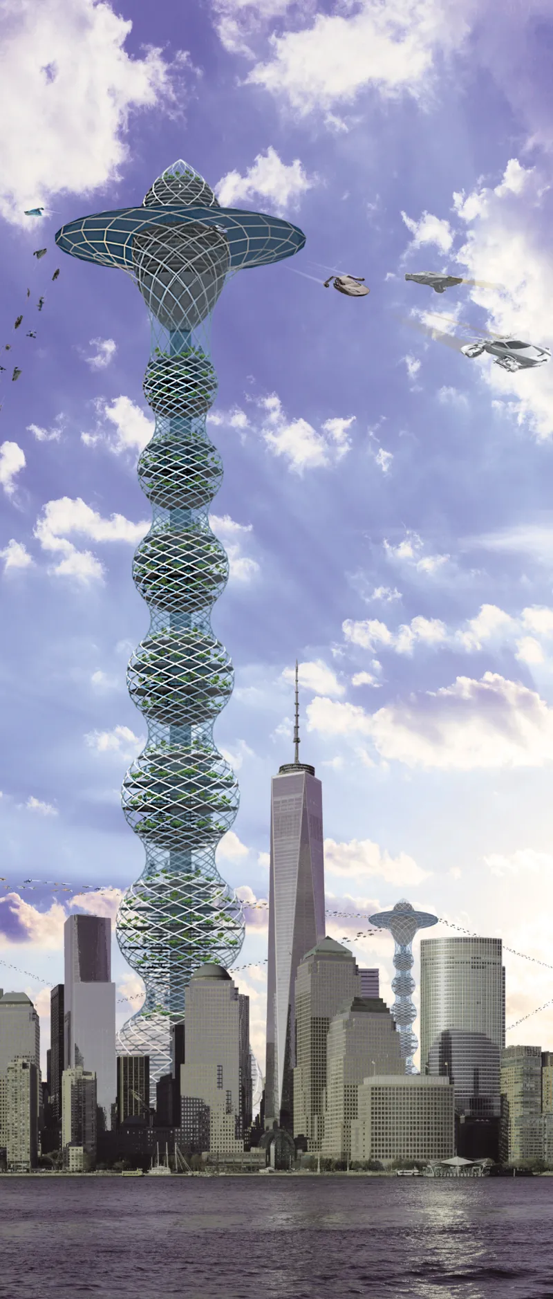 Rendering of a spiraling mesh tower with stacked spherical modules rising above an urban skyline with flying vehicles
