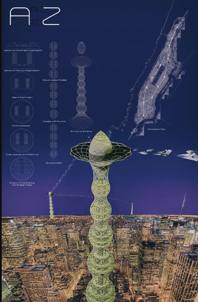 Composite drawing showing the lattice tower over an aerial city view at dusk with diagram details