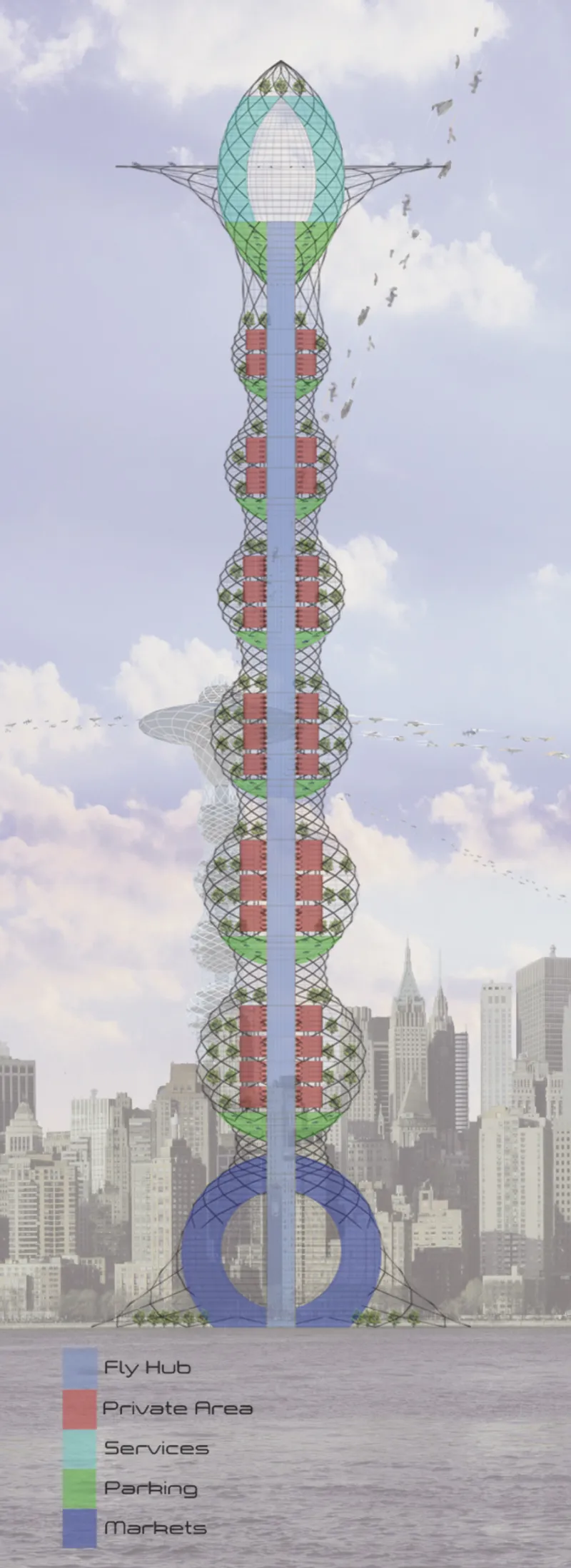 Elevation rendering of the slender tower with color-coded program zones and a circular base by the water