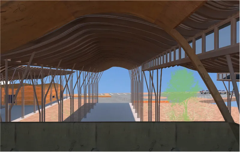 Rendering showing the vaulted timber ceiling supported by slender columns framing a concrete platform
